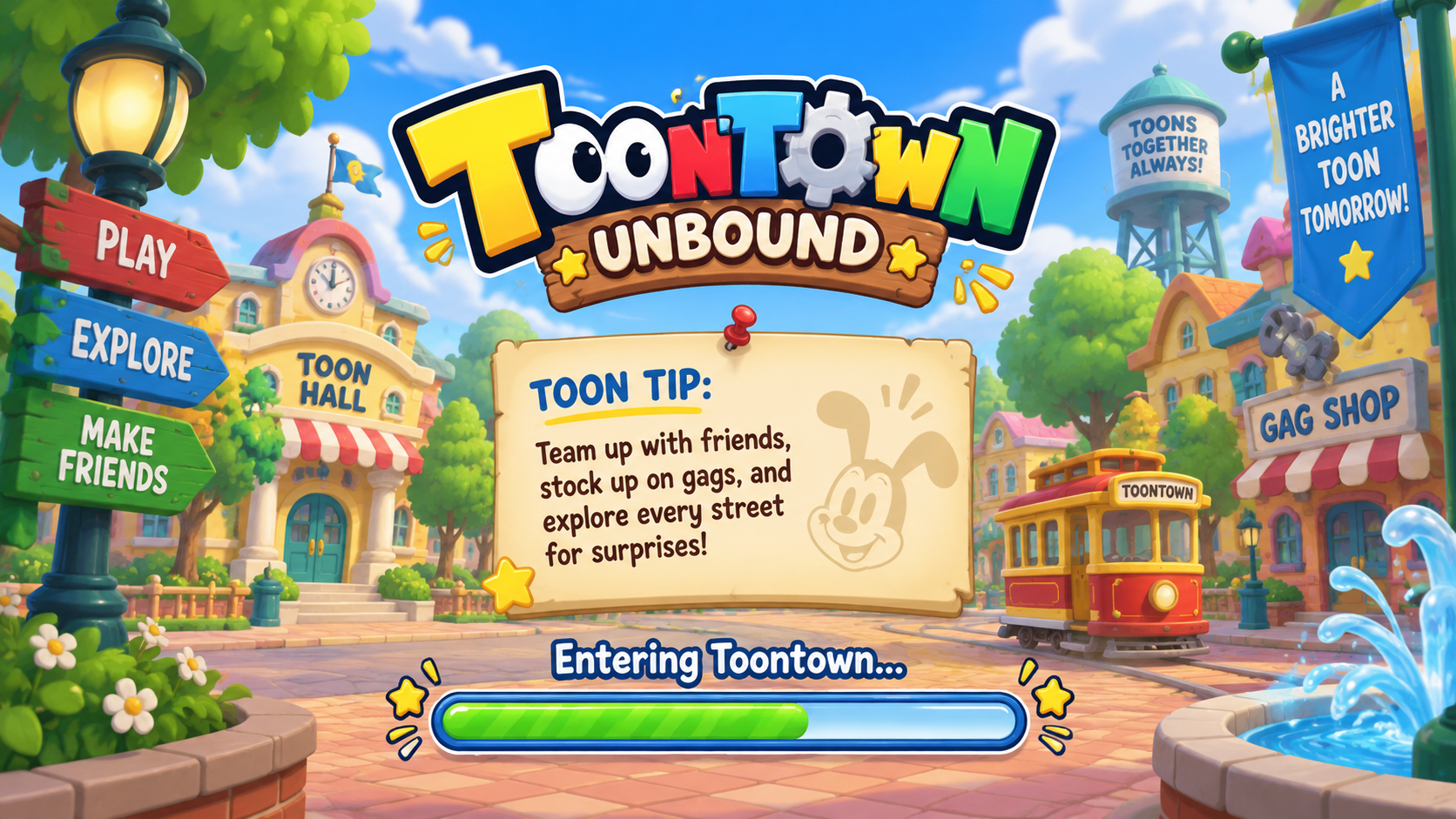 A sunny Toontown street, with a tip to team up with friends and explore.